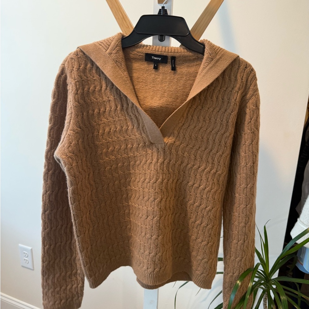 Theory Women's Cable Knit V-Neck Sweater in Tan